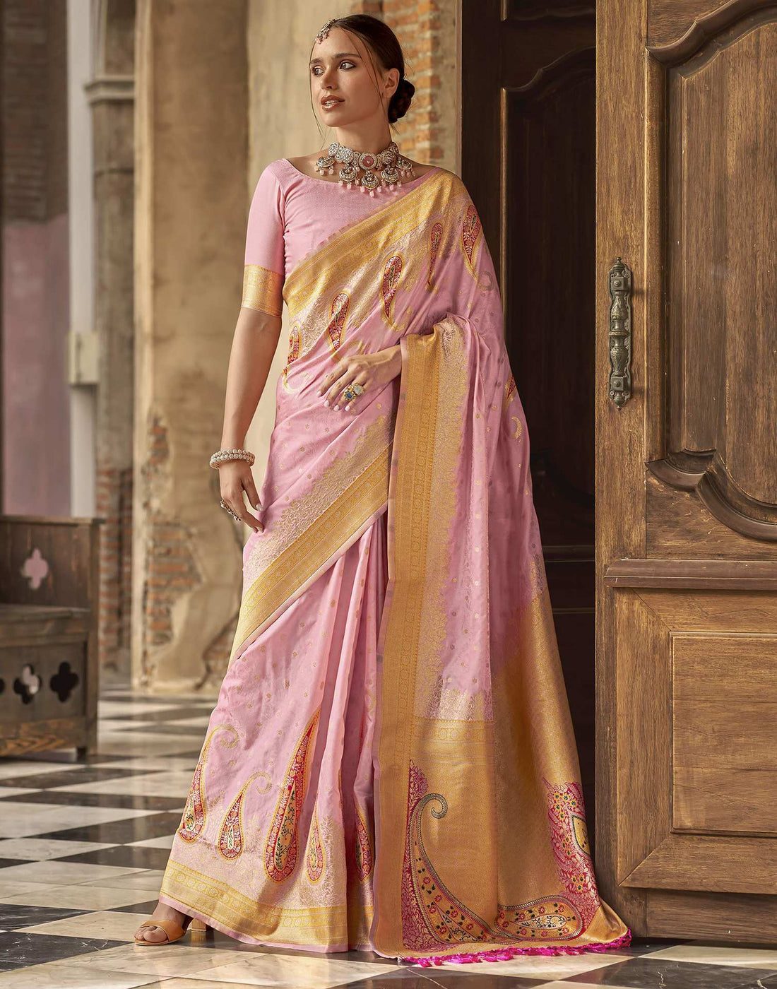 Baby Pink Silk Woven Saree