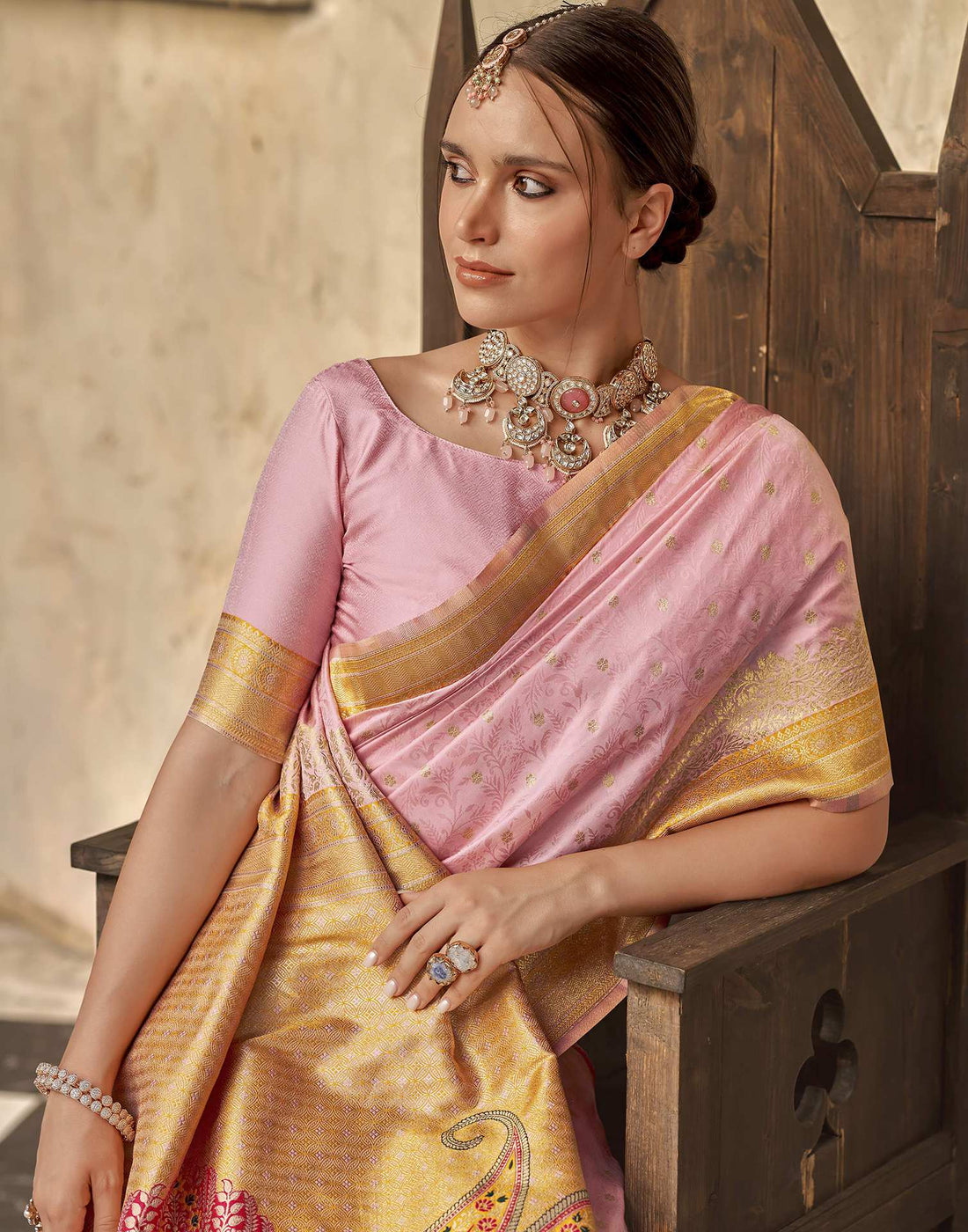 Baby Pink Silk Woven Saree