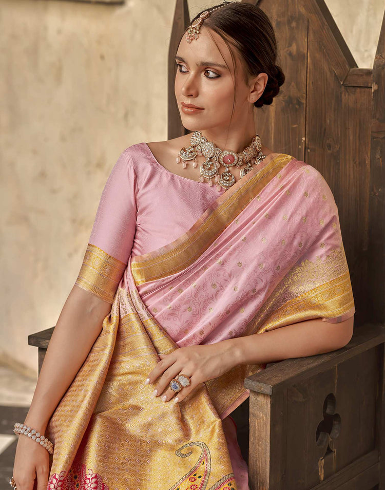 Baby Pink Silk Woven Banarasi Saree