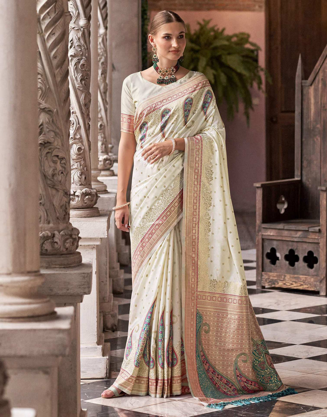 Off White Silk Woven Saree