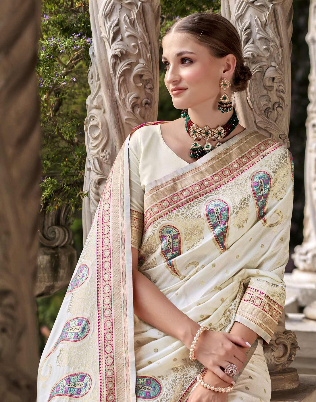 Off White Silk Woven Saree