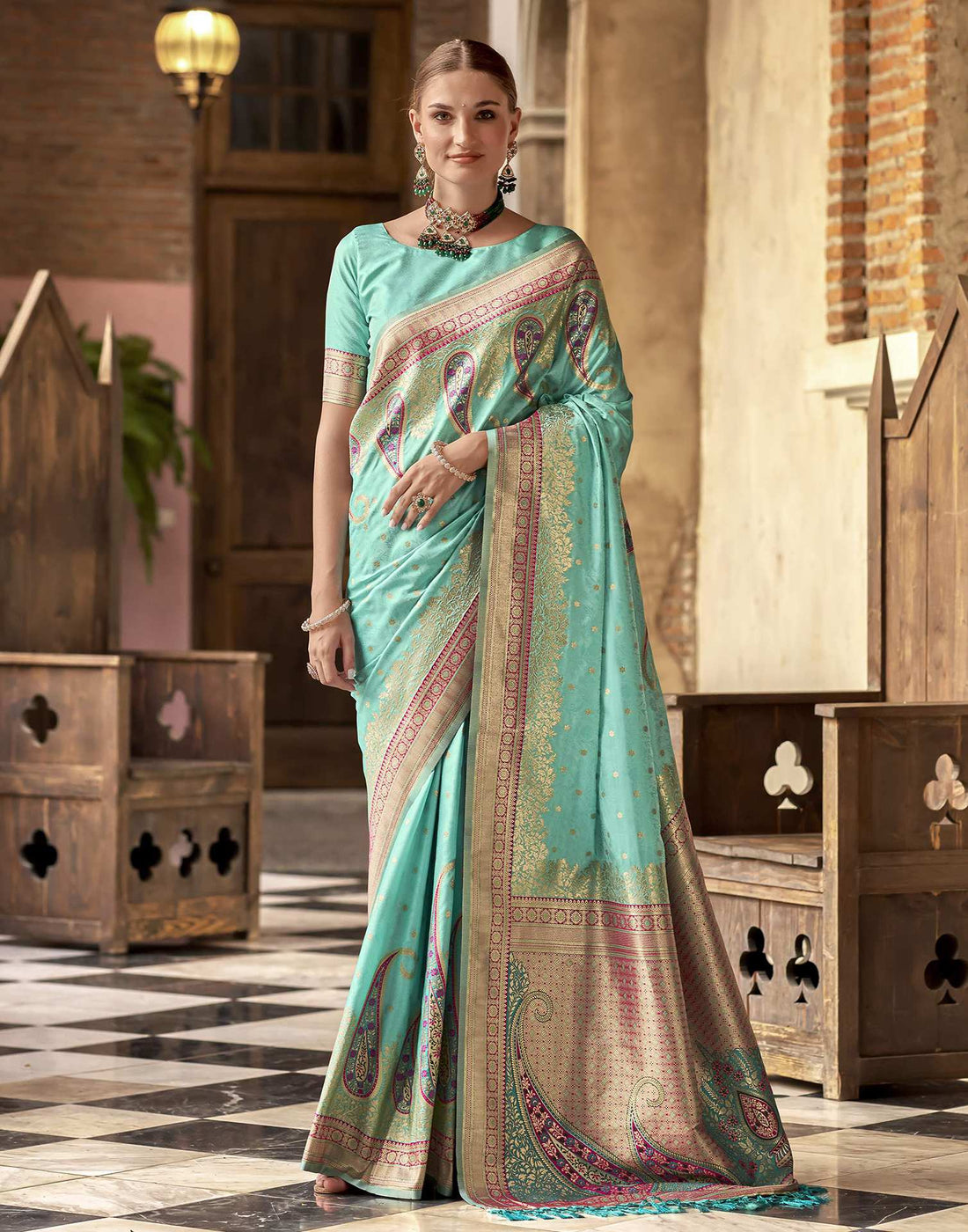 Turquoise Silk Woven Saree