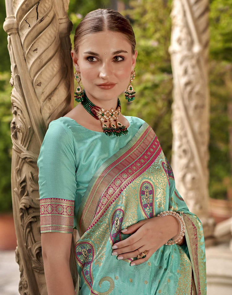 Turquoise Silk Woven Banarasi Saree