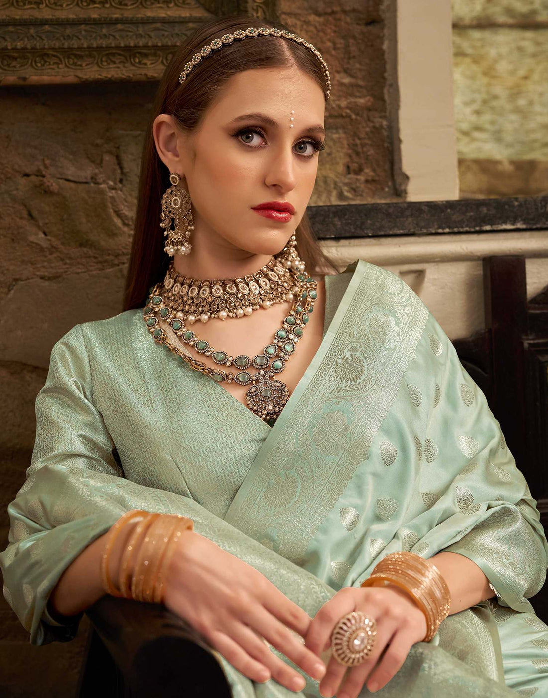 Mint Green Silk Woven Banarasi Saree