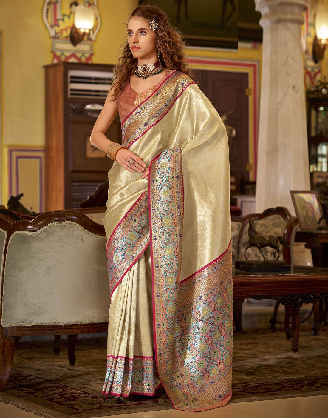 Beige Tissue Silk Woven Banarasi Saree