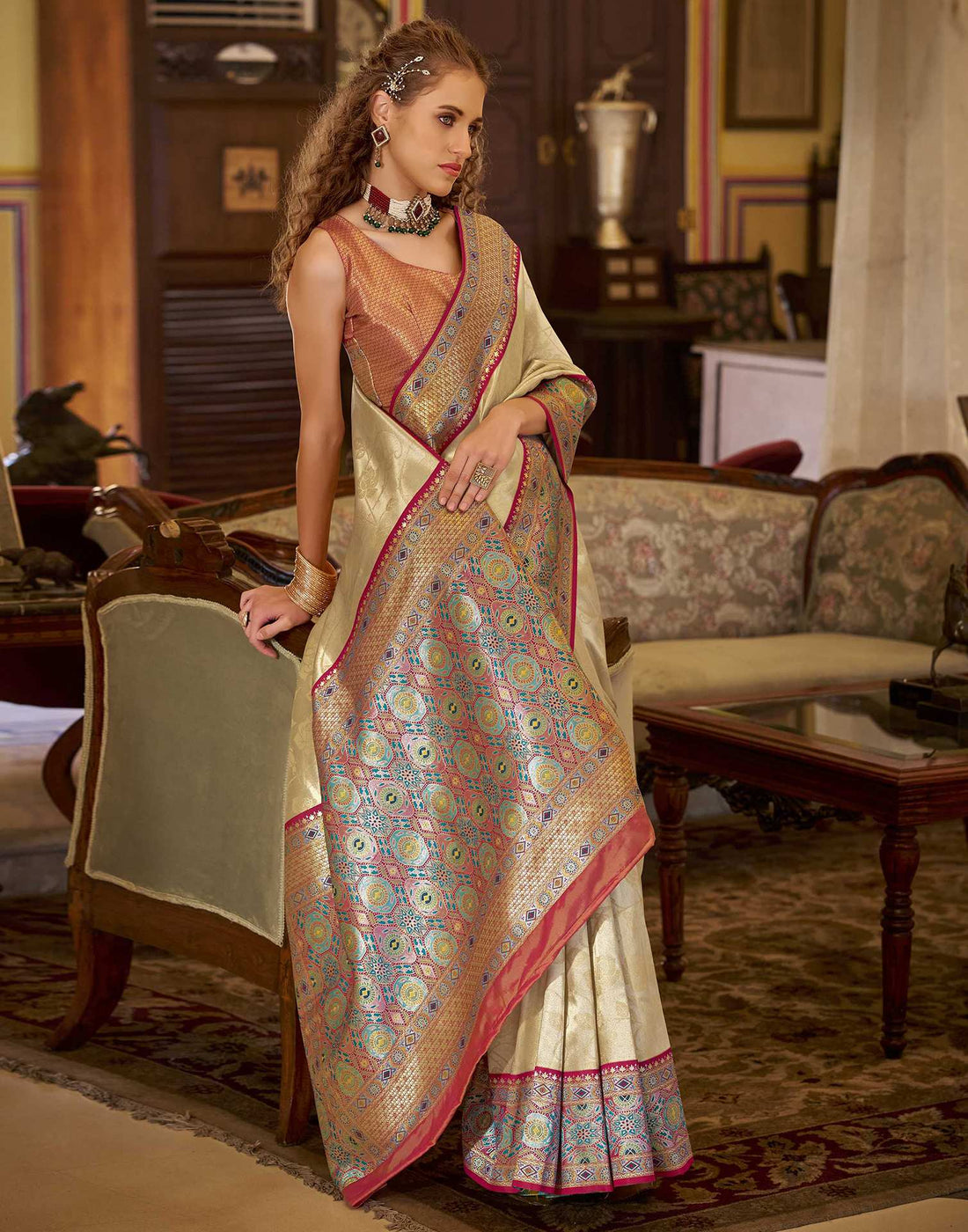 Beige Tissue Silk Woven Banarasi Saree