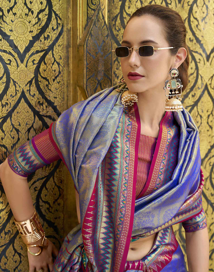 Blue Tissue Silk Woven Paithani Saree