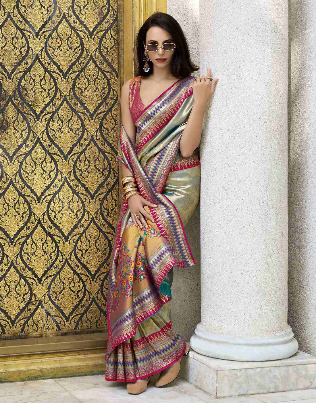 Teal Green Tissue Silk Woven Saree