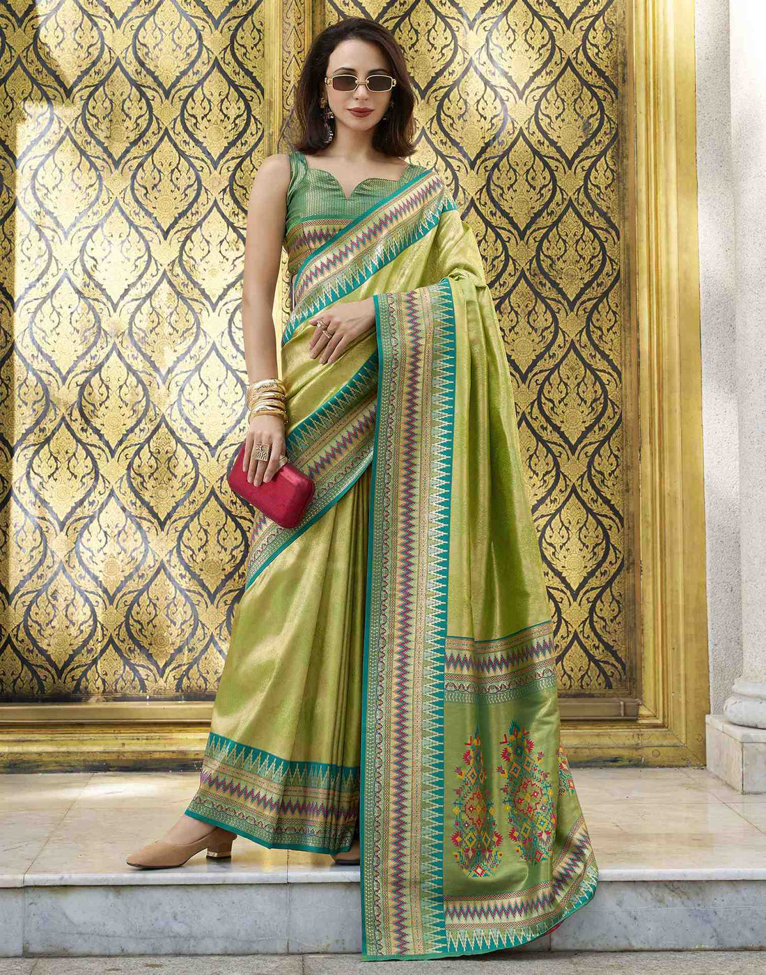 Parrot Green Tissue Silk Woven Saree
