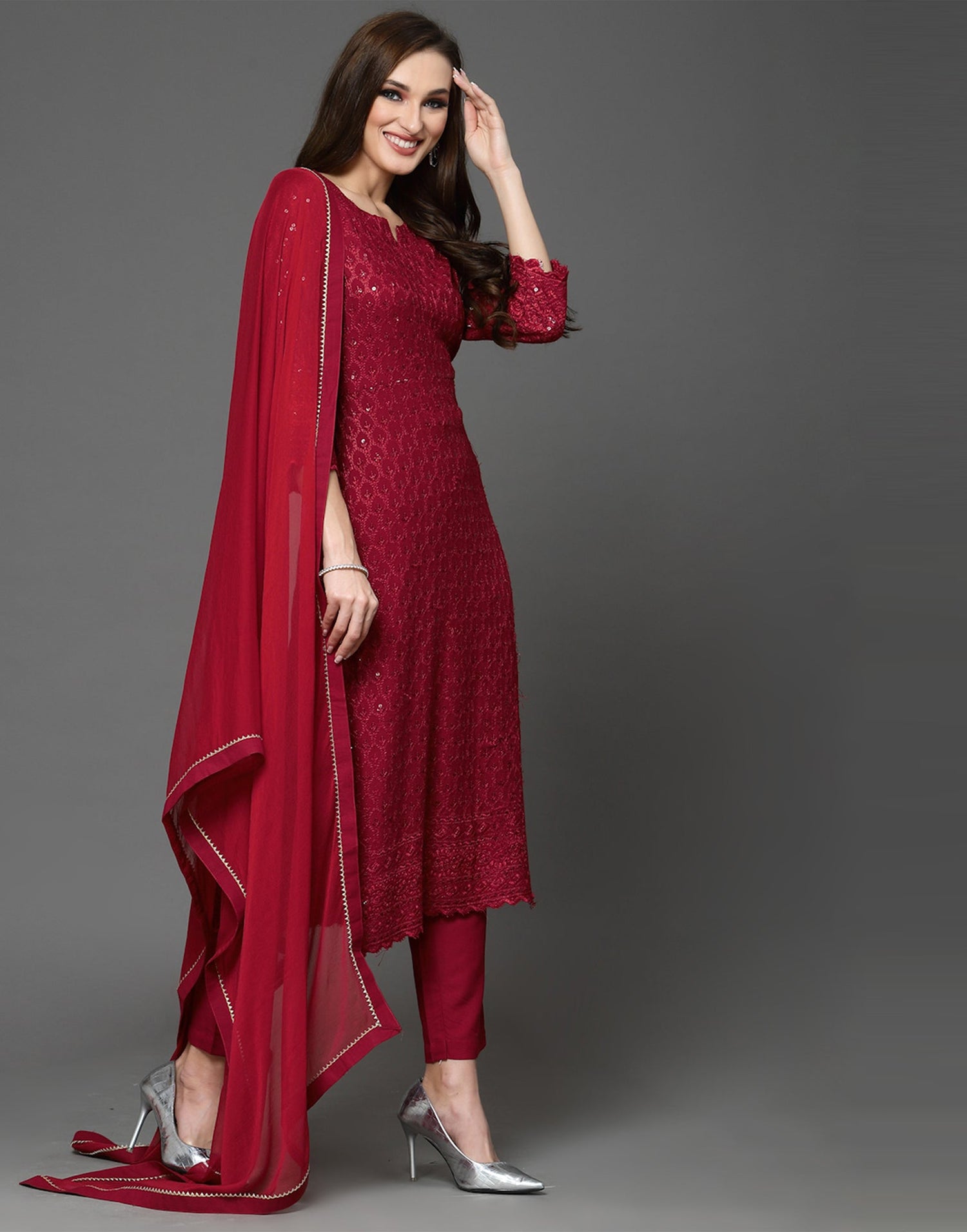 Maroon Sequence Kurti with Pant And Dupatta | Leemboodi