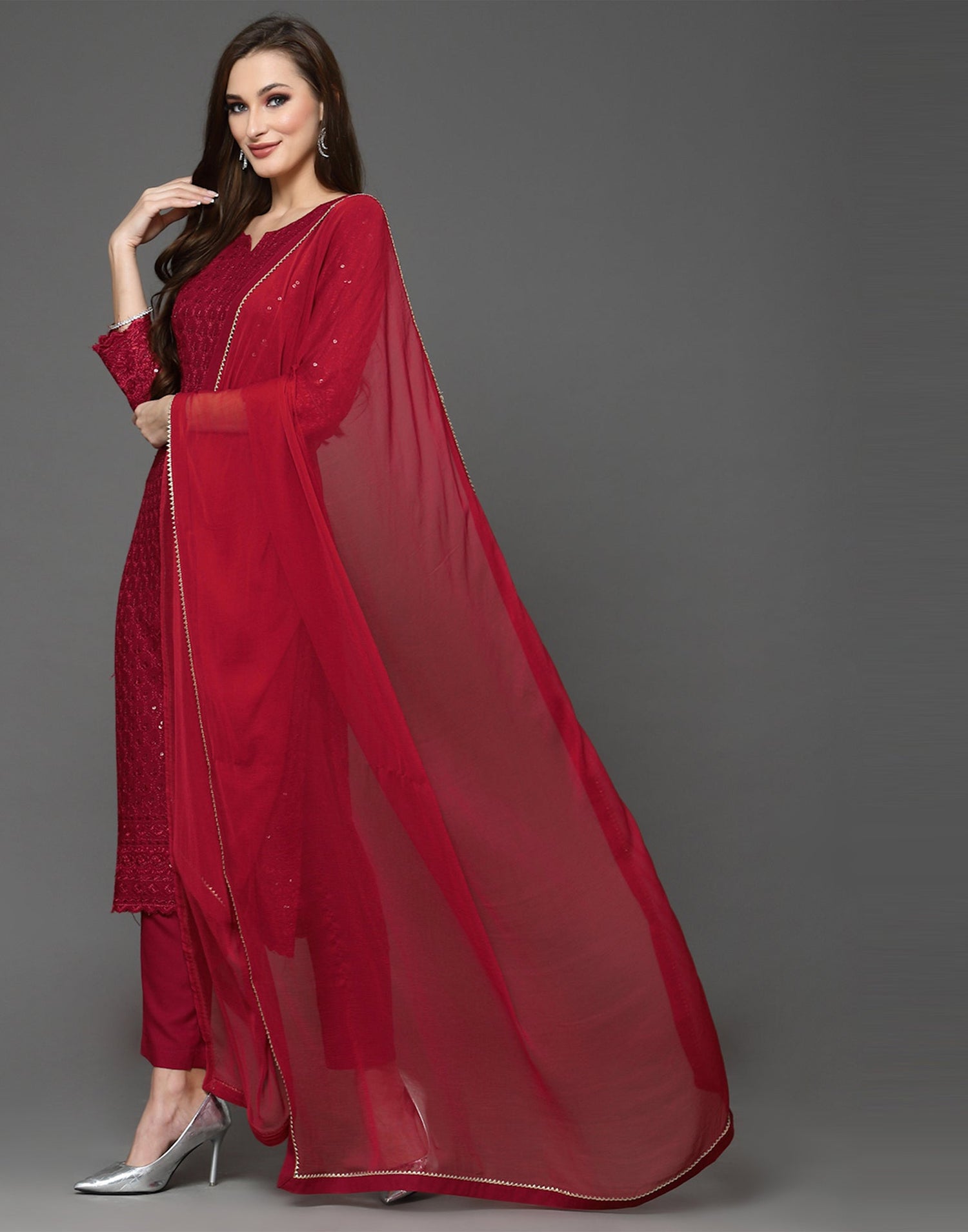 Maroon Sequence Kurti with Pant And Dupatta | Leemboodi