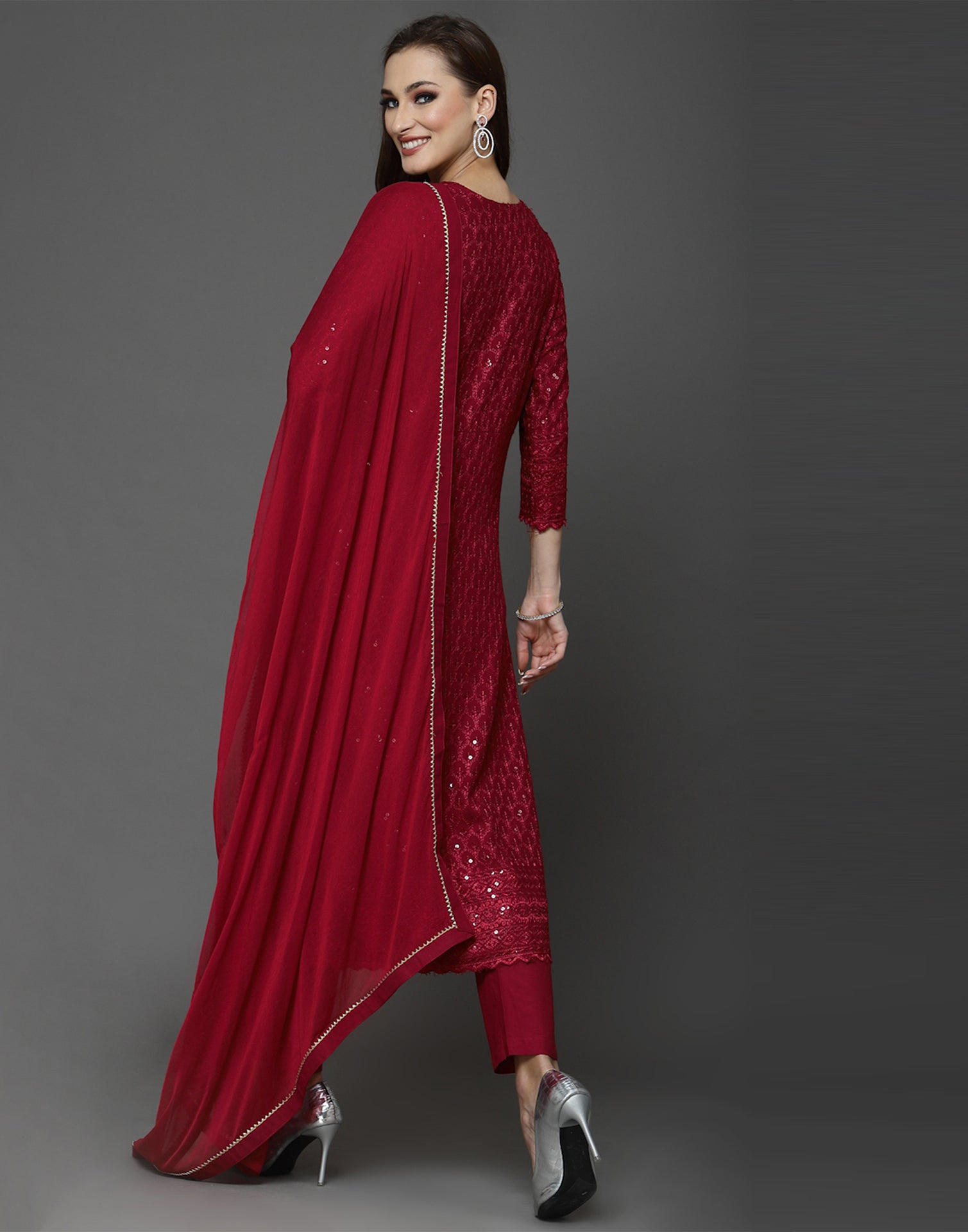 Maroon Sequence Kurti with Pant And Dupatta | Leemboodi