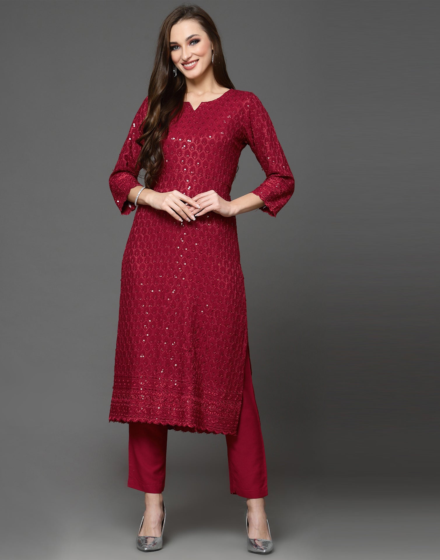 Maroon Sequence Kurti with Pant And Dupatta | Leemboodi