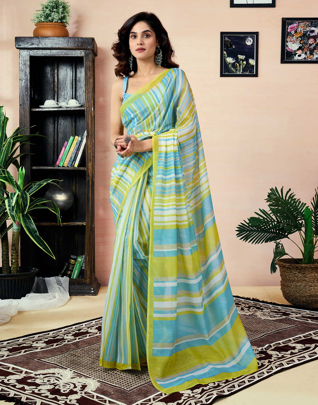 Ready To Wear Teal Green Chanderi Printed Saree With Pocket