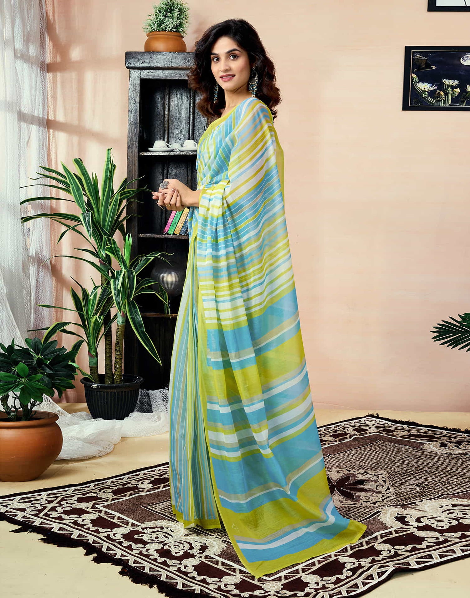 Ready To Wear Teal Green Chanderi Printed Saree With Pocket
