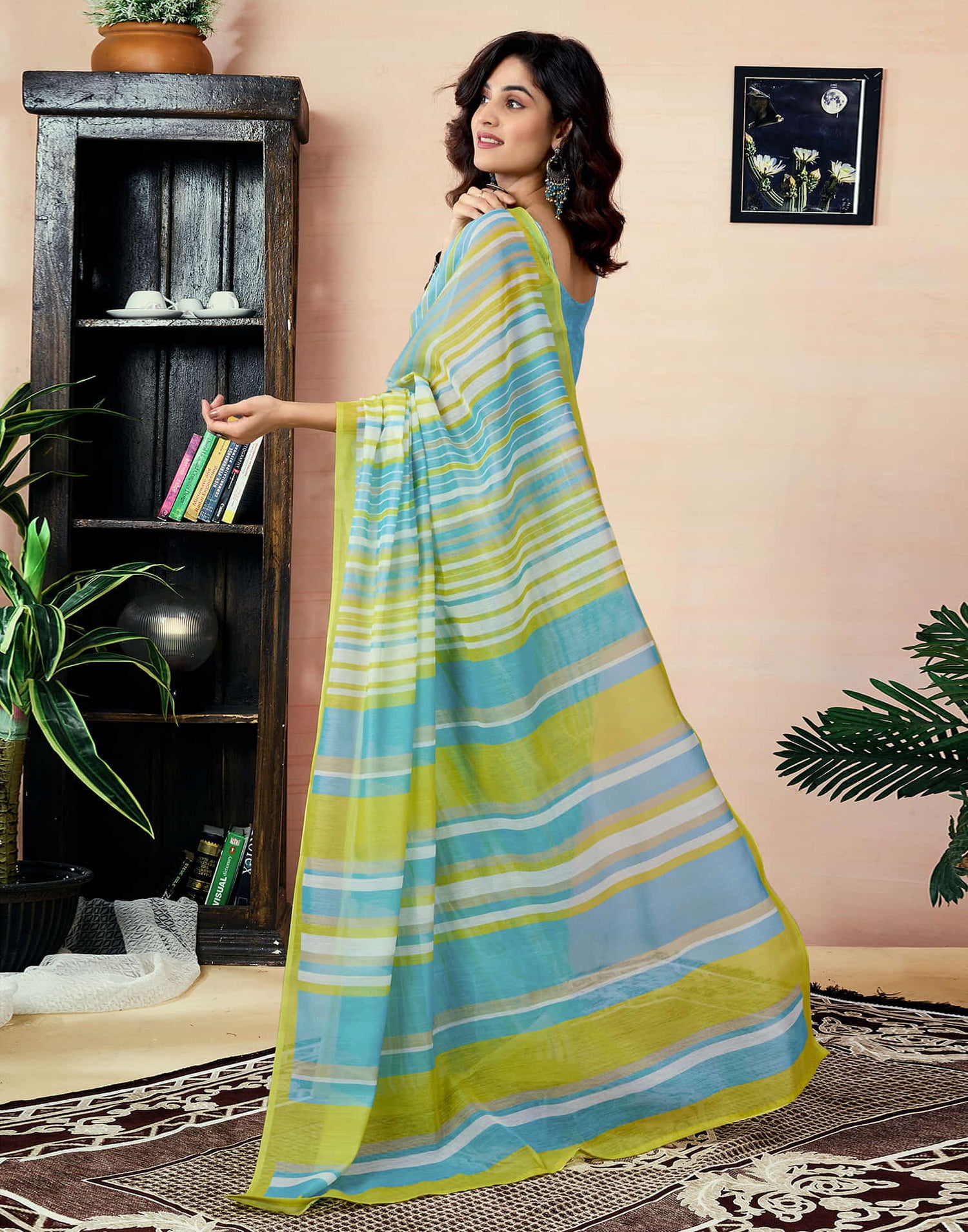 Ready To Wear Teal Green Chanderi Printed Saree With Pocket
