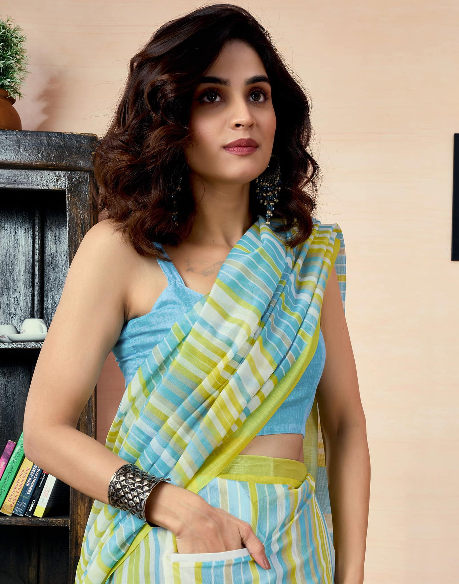 Ready To Wear Teal Green Chanderi Printed Saree With Pocket