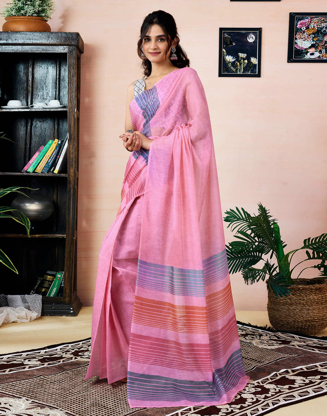 Ready To Wear Pink Chanderi Printed Saree With Pocket