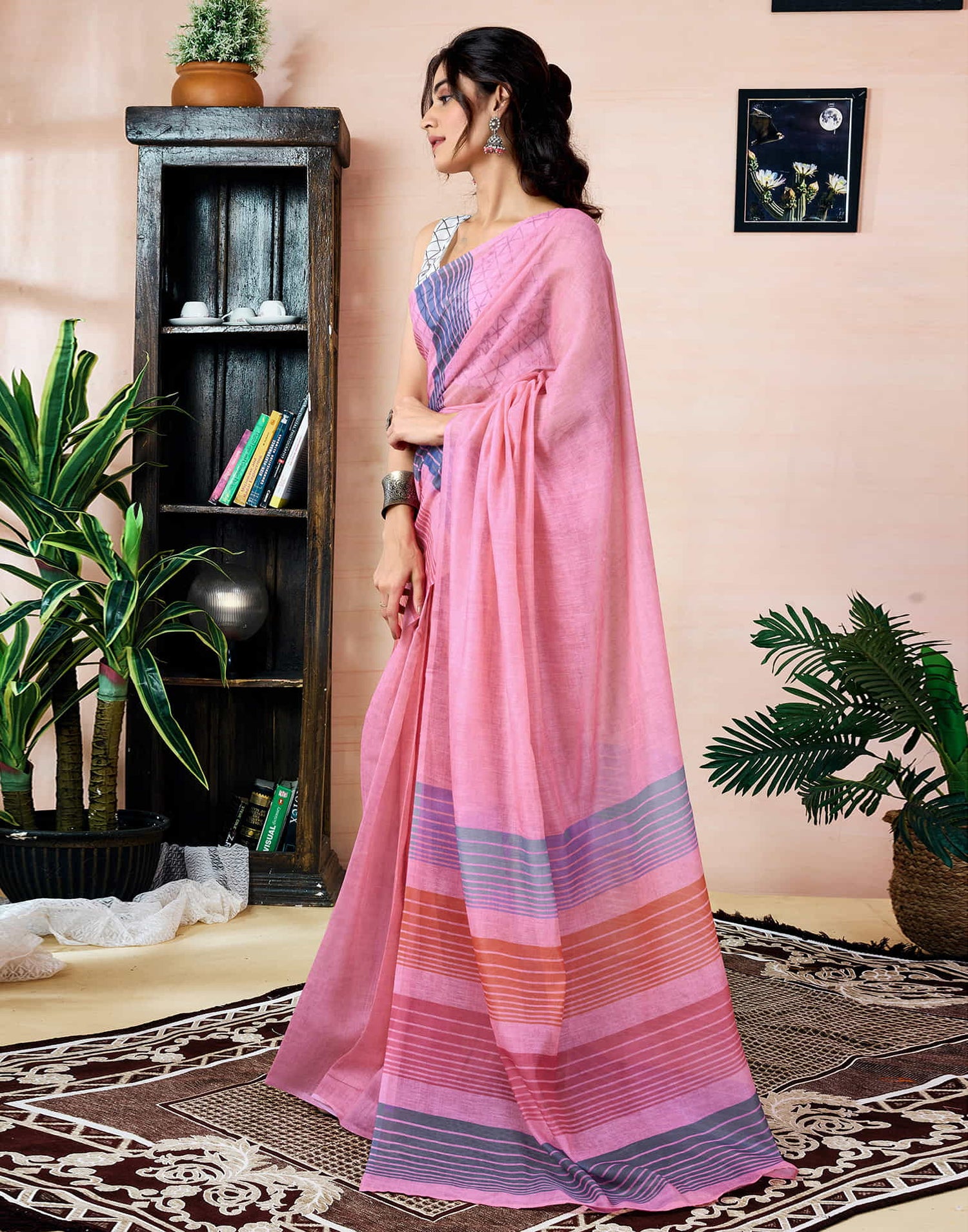 Ready To Wear Pink Chanderi Printed Saree With Pocket