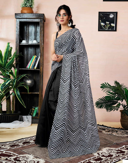 Ready To Wear Black Chanderi Printed Saree With Pocket