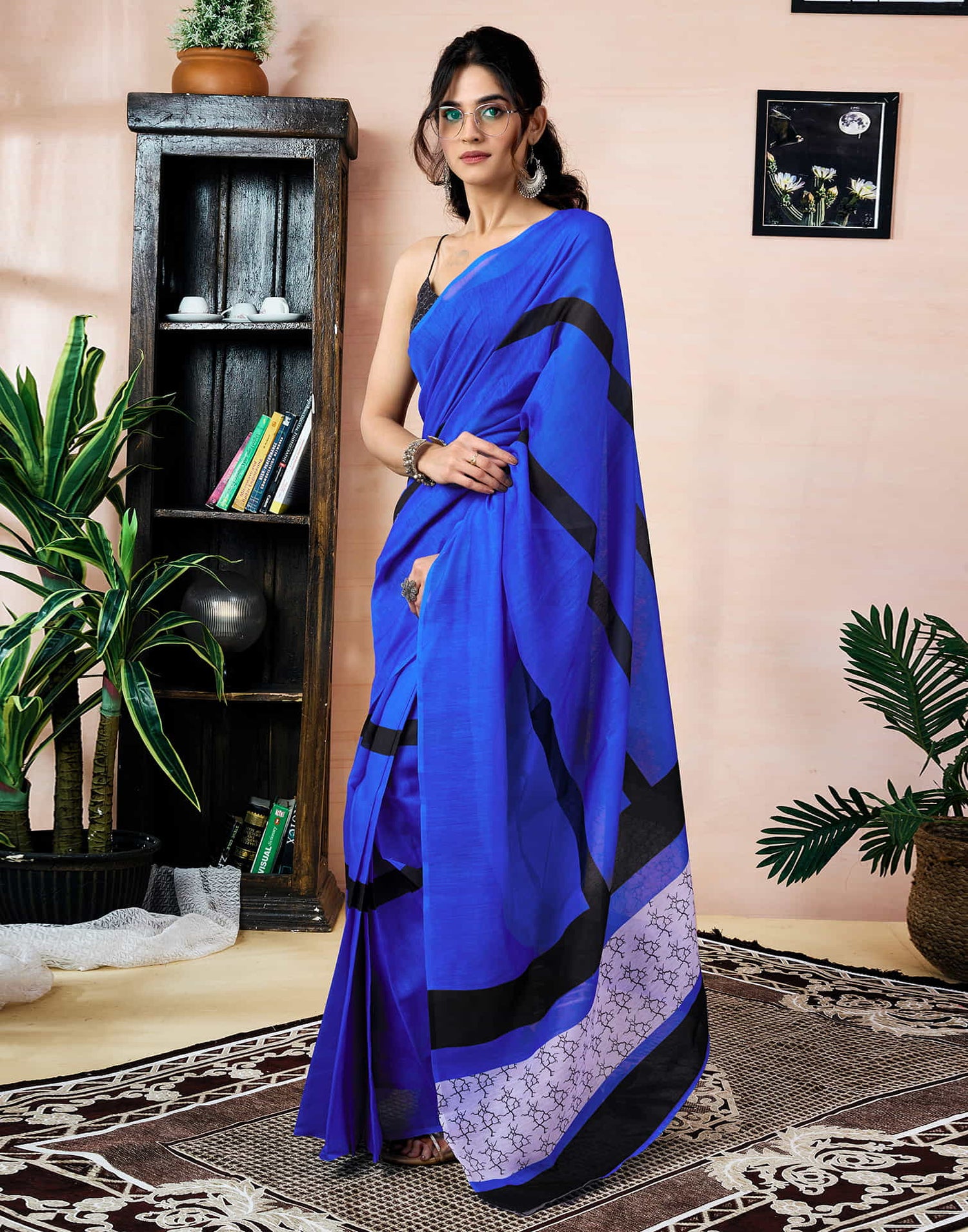 Ready To Wear Dark Blue Chanderi Printed Saree With Pocket