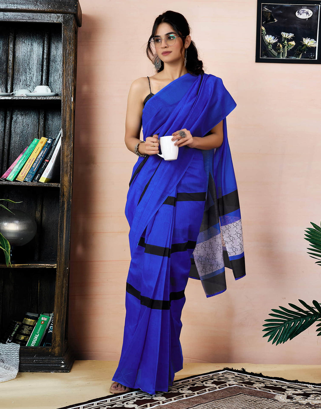 Ready To Wear Dark Blue Chanderi Printed Saree With Pocket