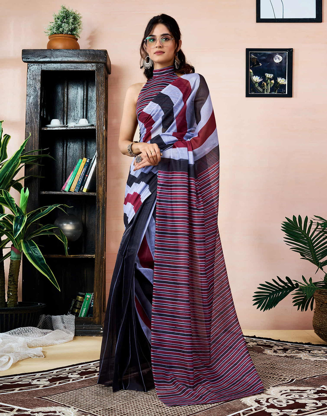 Ready To Wear Black Chanderi Printed Saree With Pocket