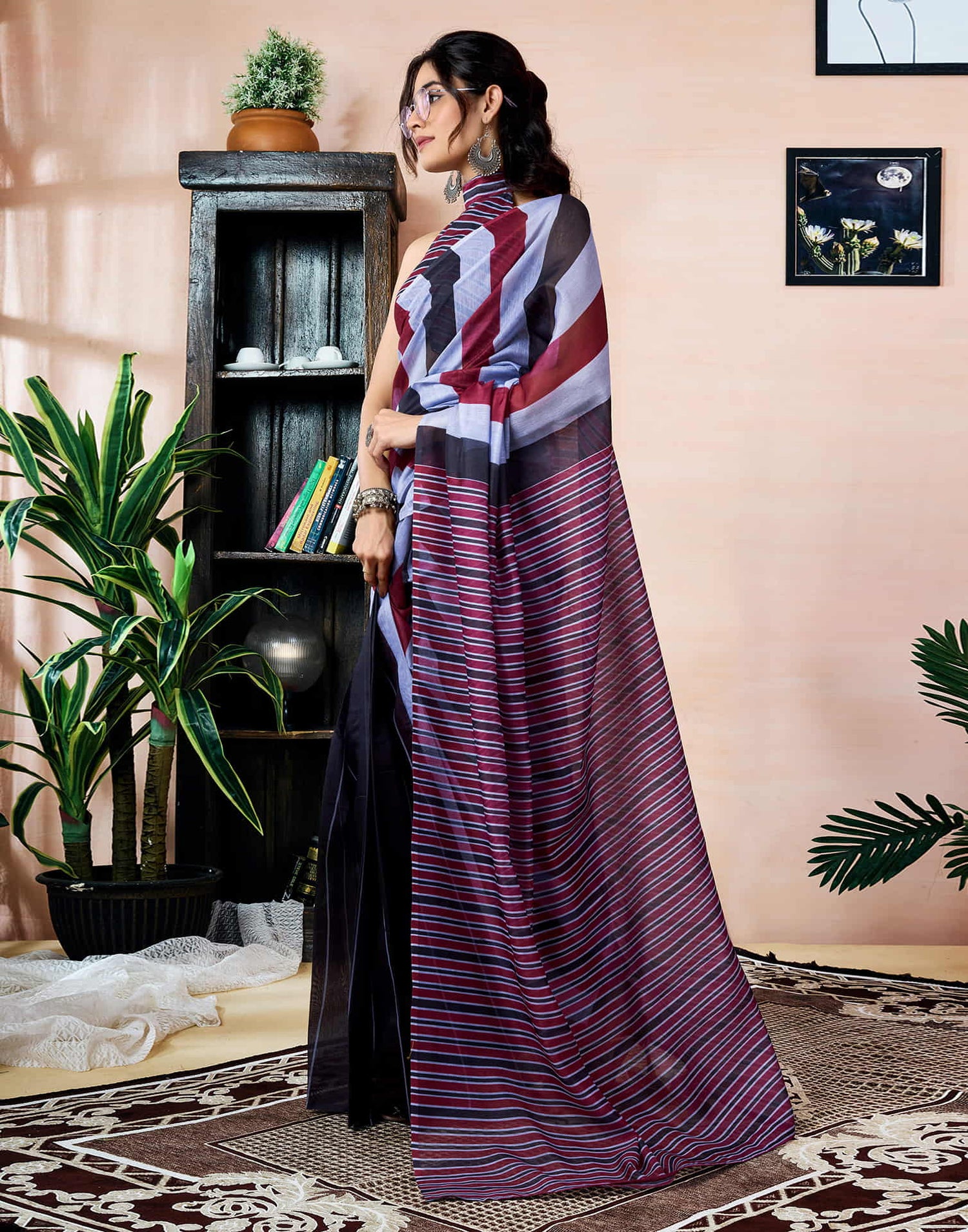 Ready To Wear Black Chanderi Printed Saree With Pocket