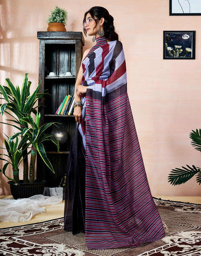 Ready To Wear Black Chanderi Printed Saree With Pocket