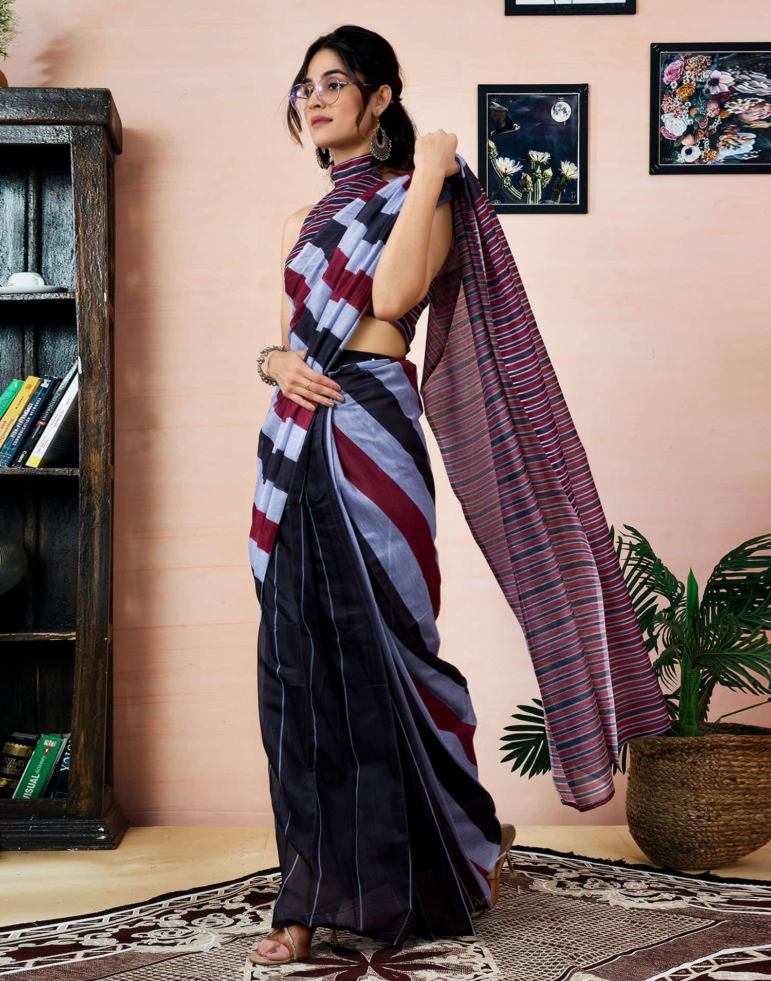 Ready To Wear Black Chanderi Printed Saree With Pocket