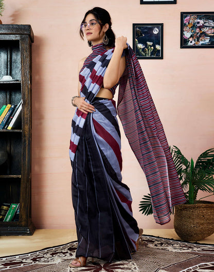Ready To Wear Black Chanderi Printed Saree With Pocket
