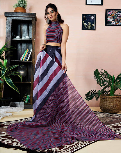 Ready To Wear Black Chanderi Printed Saree With Pocket