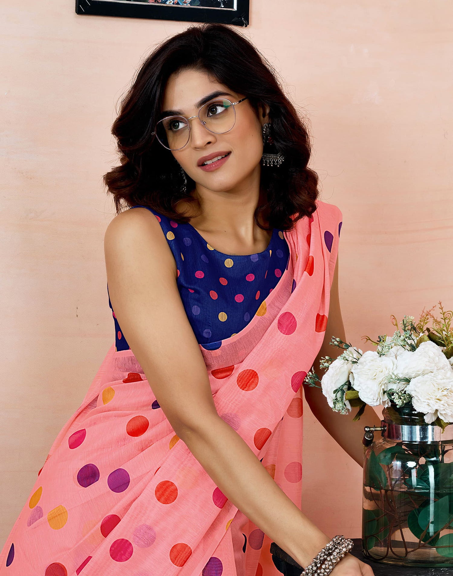 Ready To Wear Peach Chanderi Printed Saree With Pocket