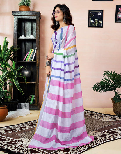 Ready To Wear White Chanderi Printed Saree With Pocket