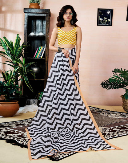 Ready To Wear White Chanderi Printed Saree With Pocket