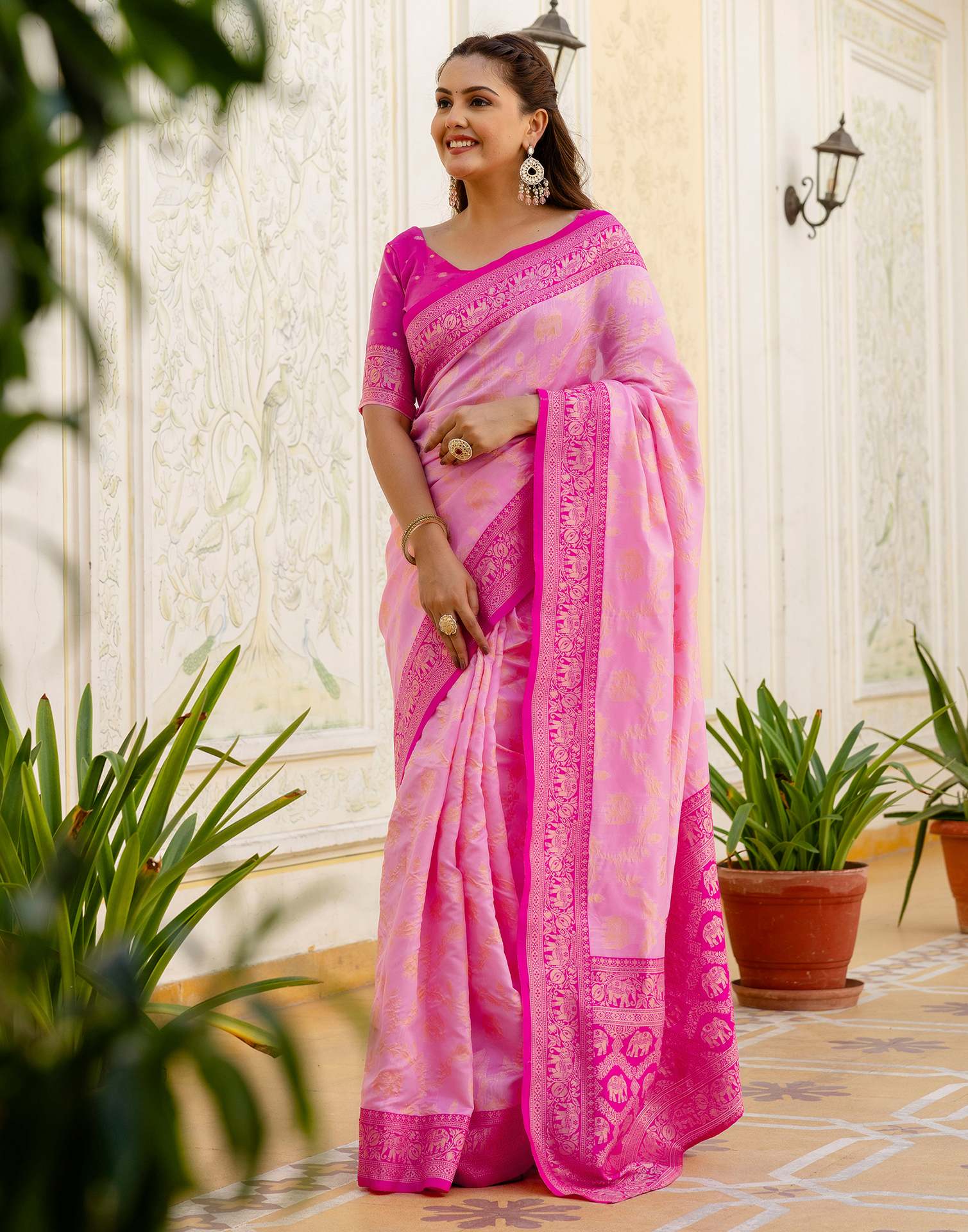 Pink Silk Woven Banarasi Saree