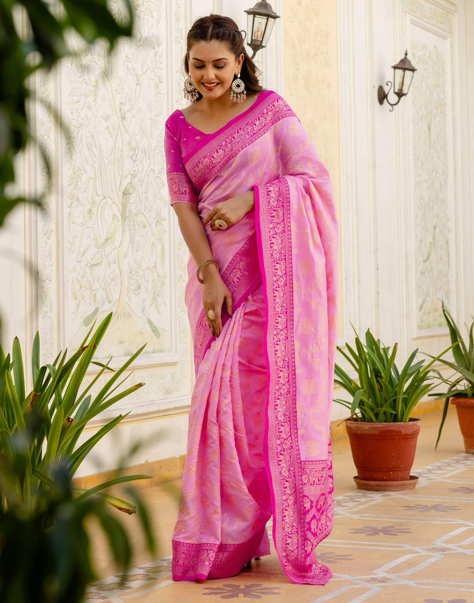 Pink Silk Woven Banarasi Saree