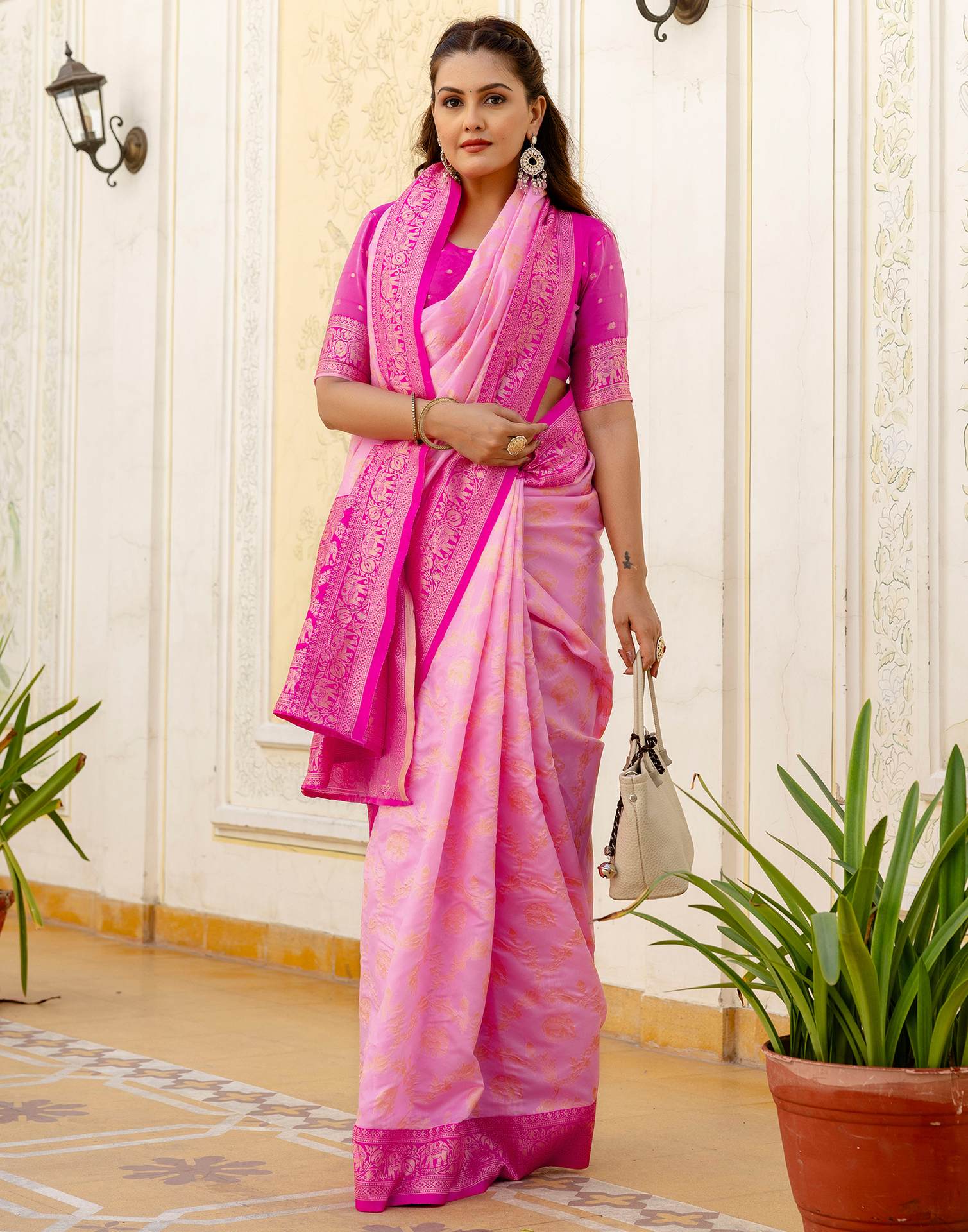 Pink Silk Woven Banarasi Saree
