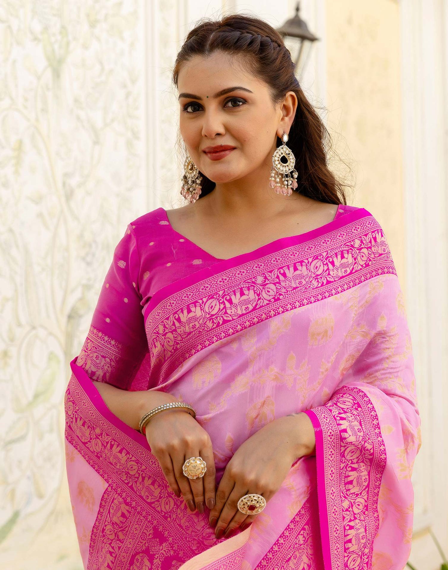 Pink Silk Woven Banarasi Saree
