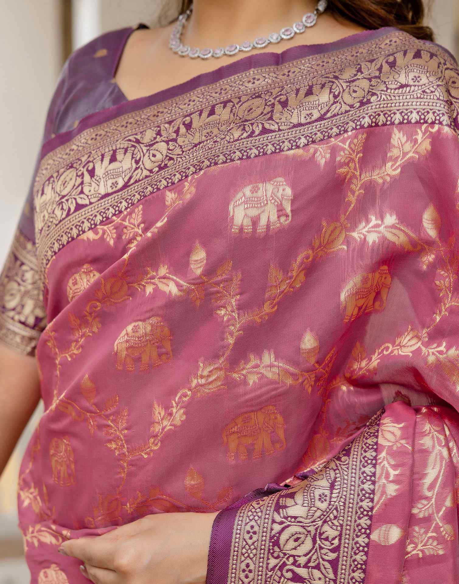 Dusty Rose Pink Silk Woven Banarasi Saree
