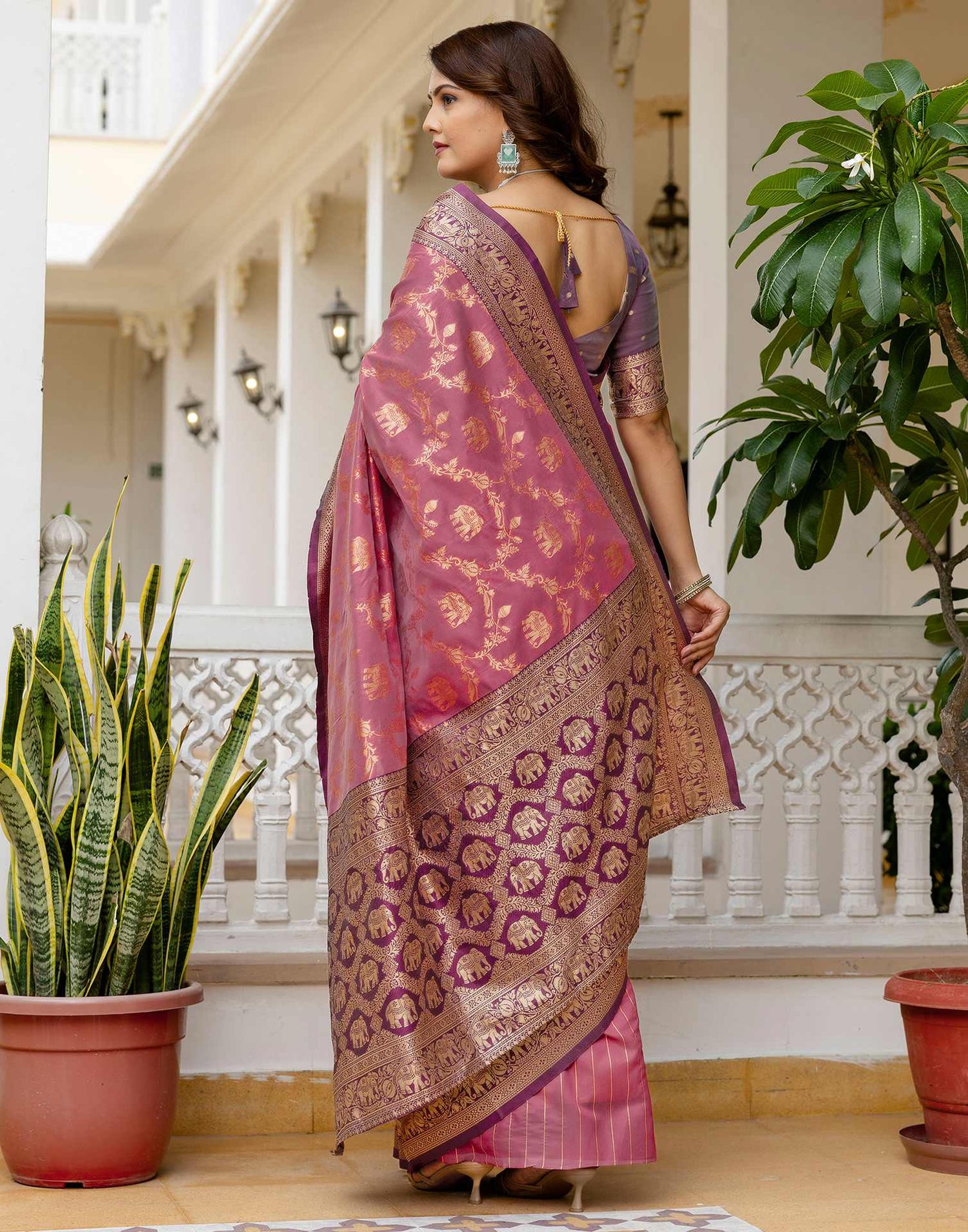 Dusty Rose Pink Silk Woven Banarasi Saree