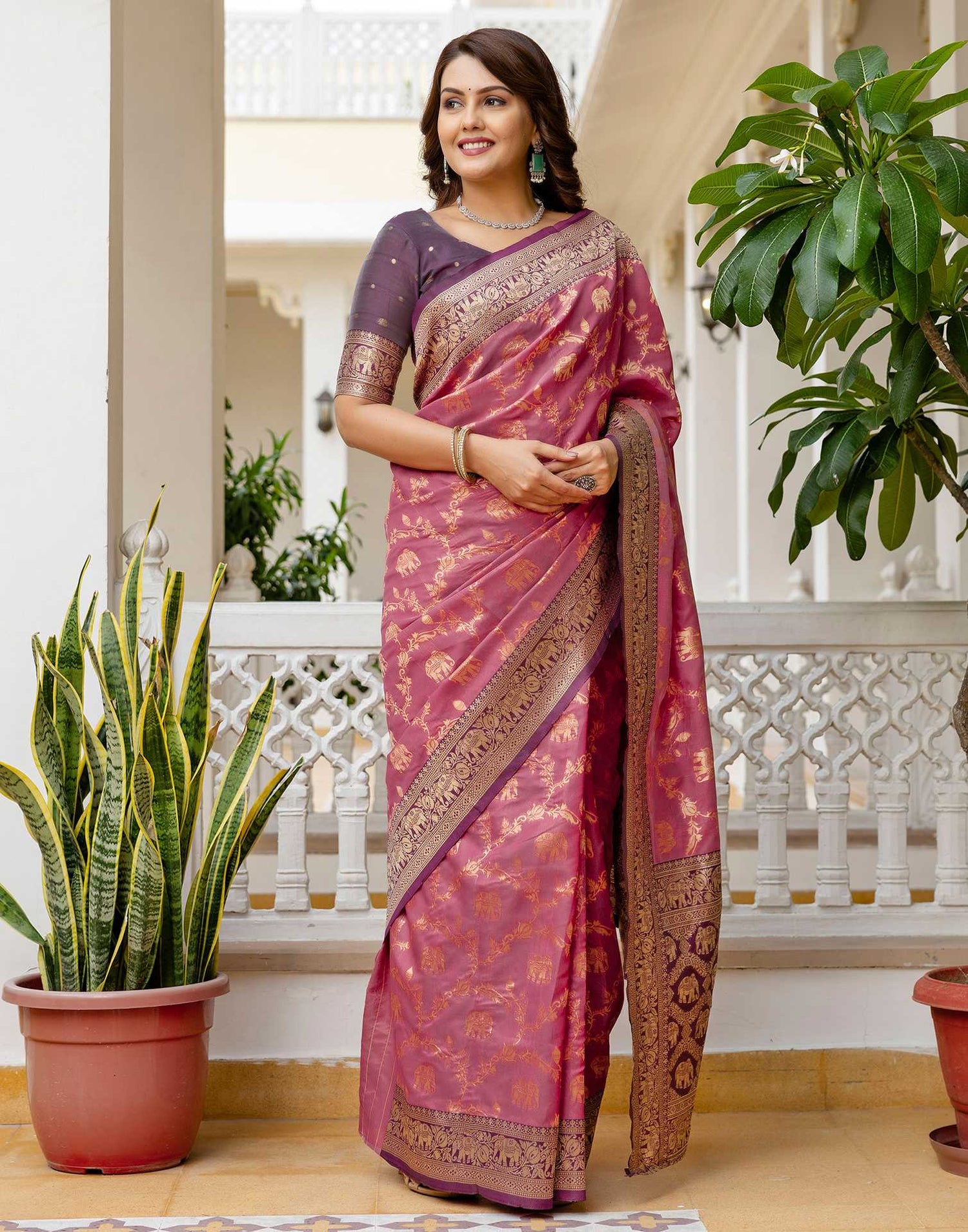 Dusty Rose Pink Silk Woven Banarasi Saree