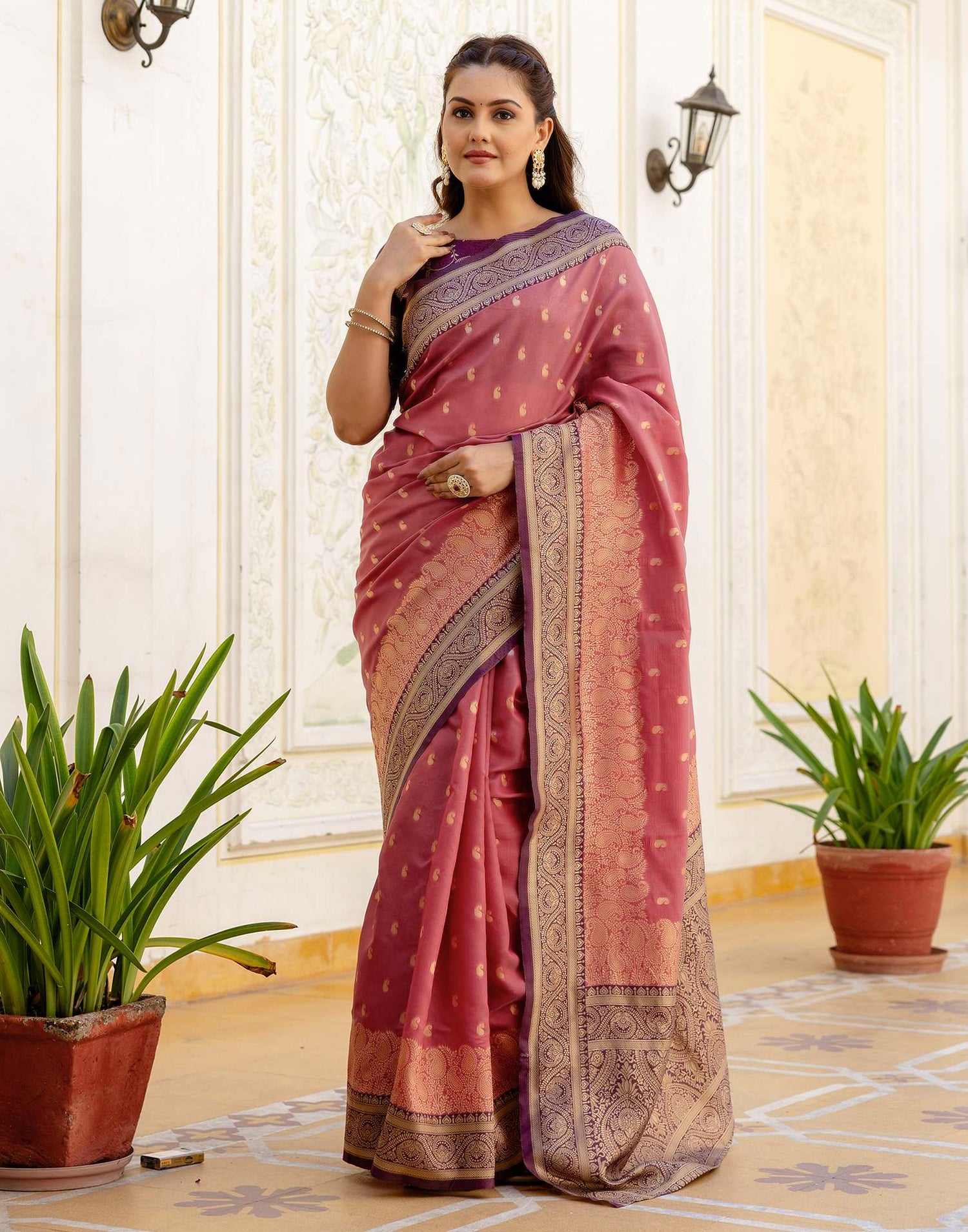 Dusty Rose Pink Silk Woven Banarasi Saree