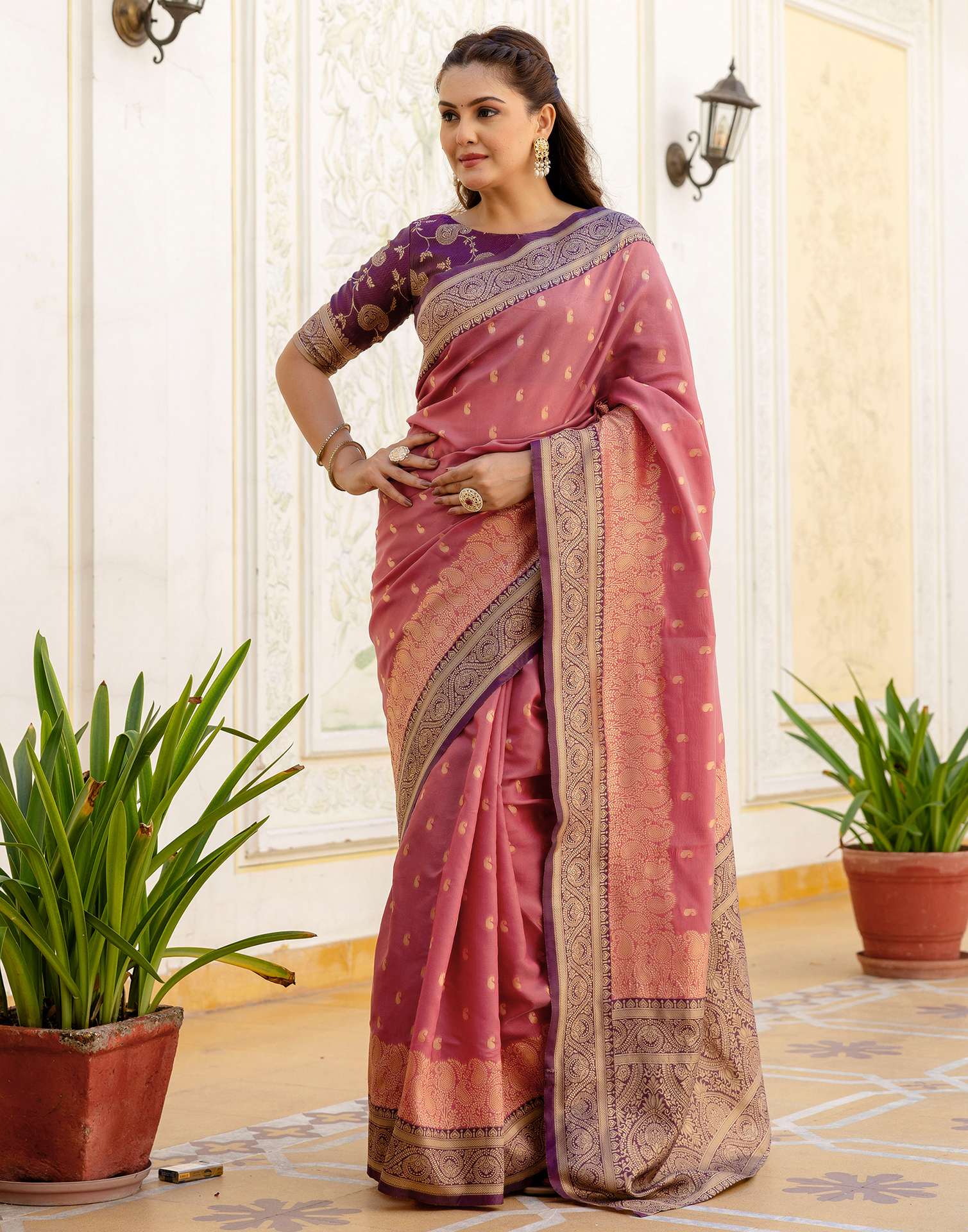 Dusty Rose Pink Silk Woven Banarasi Saree