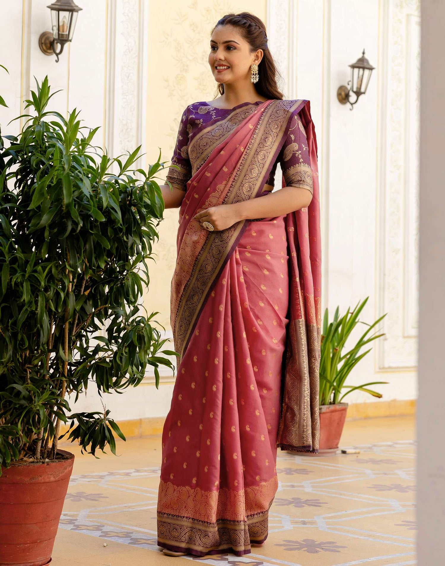 Dusty Rose Pink Silk Woven Banarasi Saree