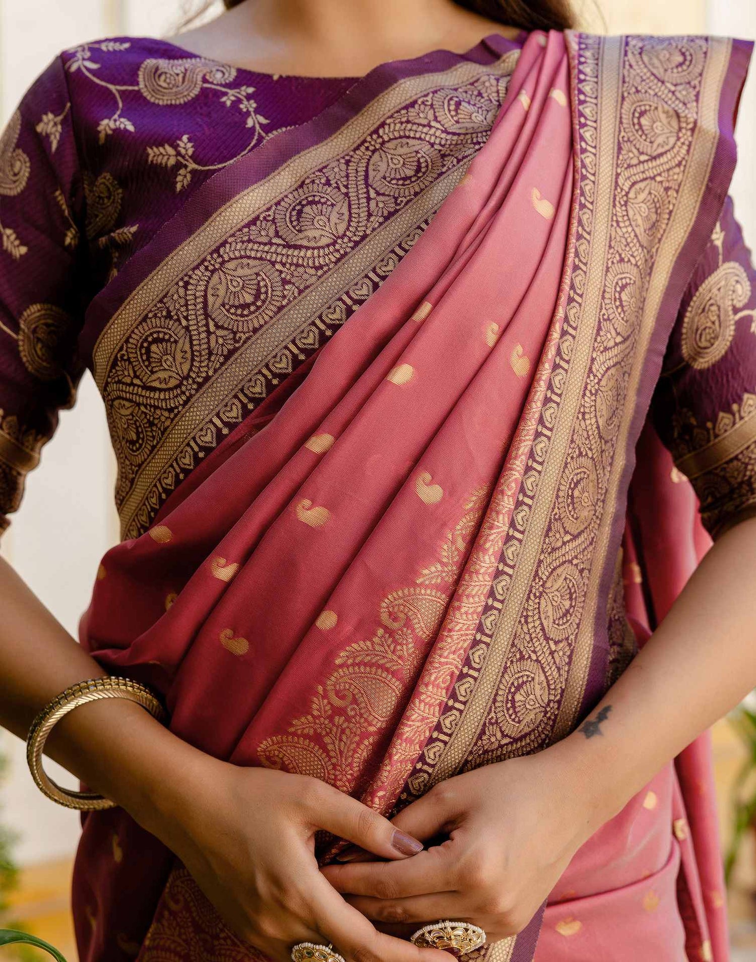 Dusty Rose Pink Silk Woven Banarasi Saree
