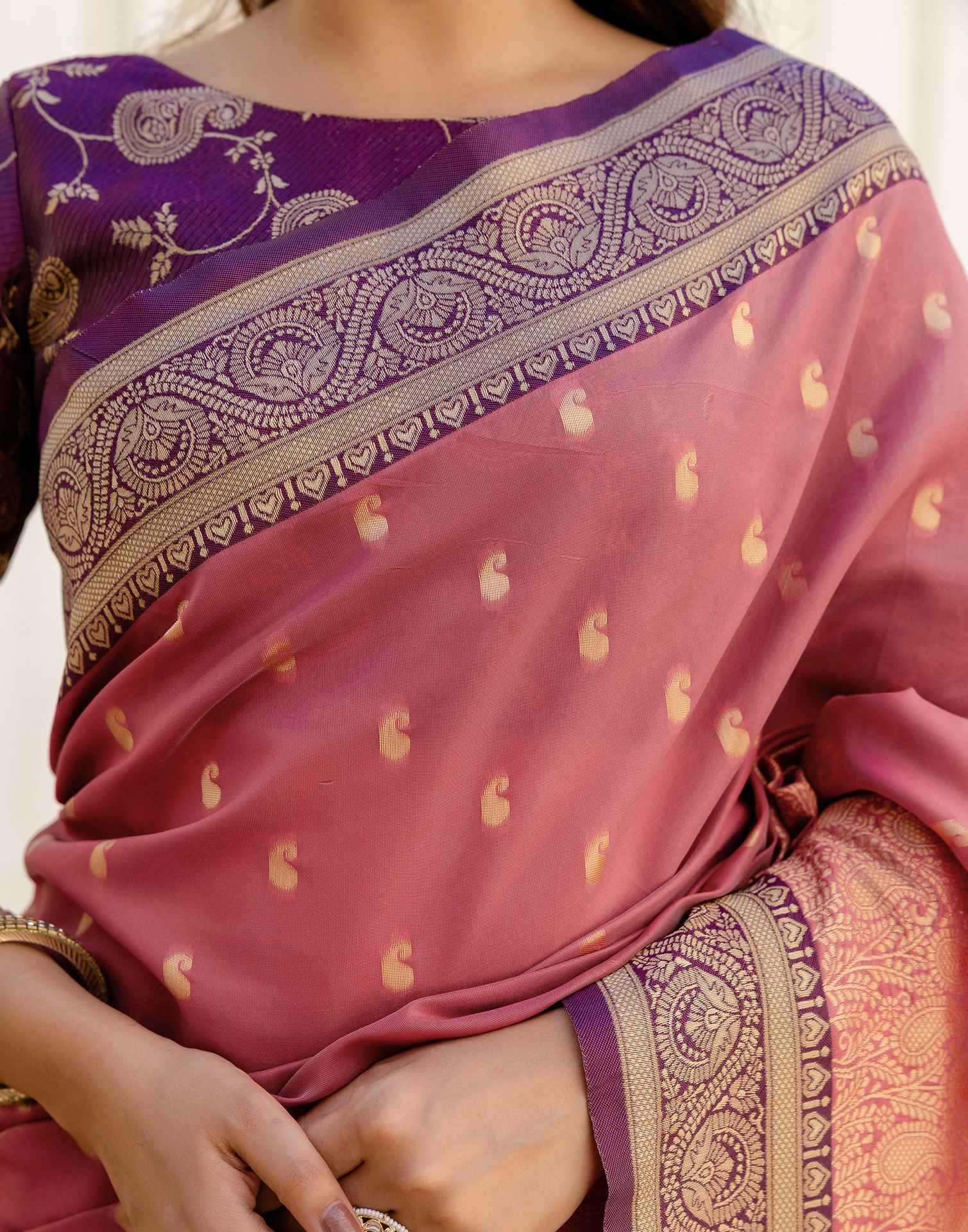 Dusty Rose Pink Silk Woven Banarasi Saree