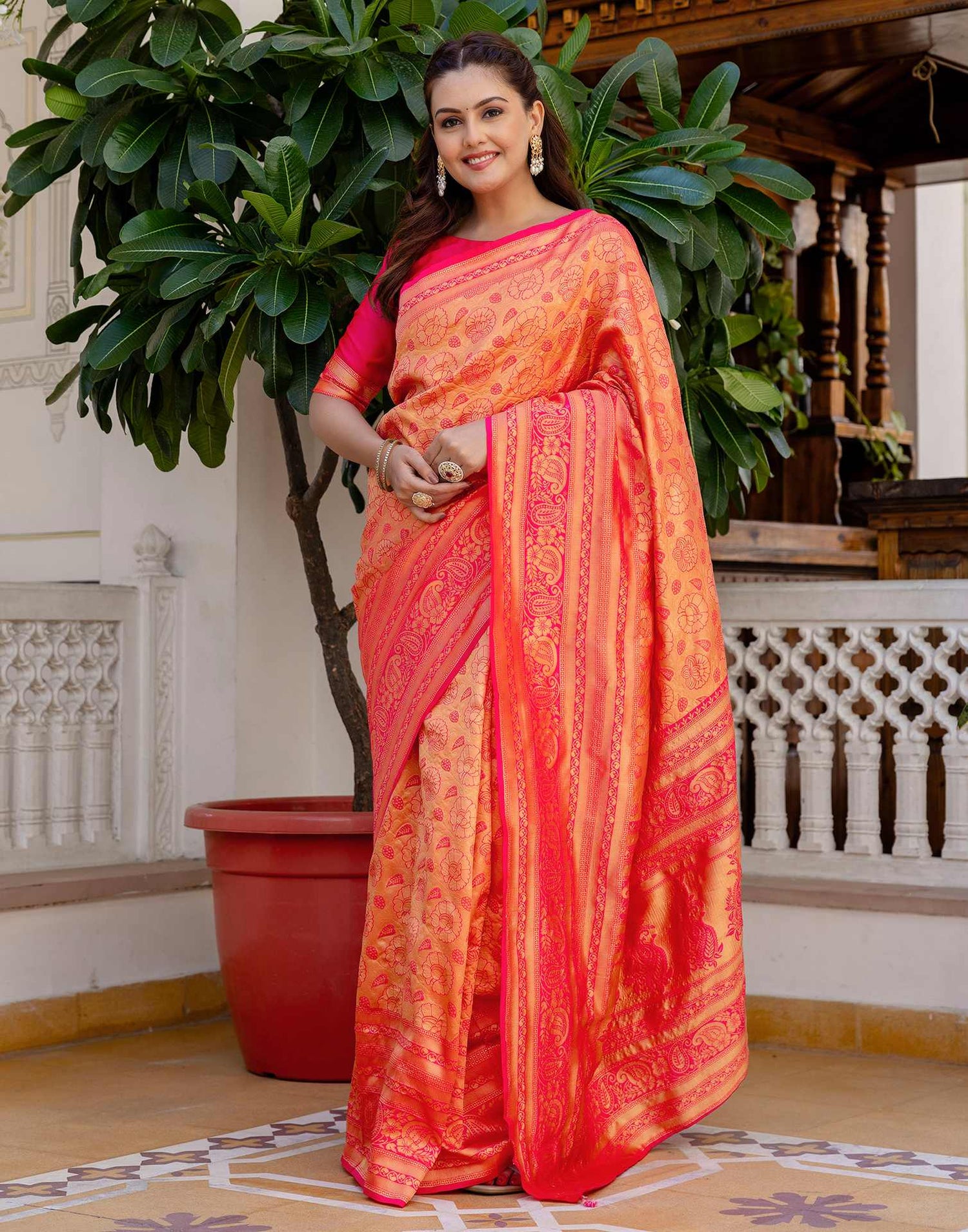 Bright Pink Silk Woven Banarasi Saree