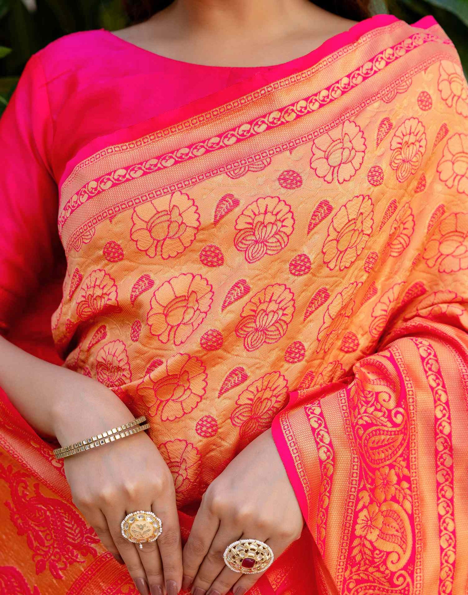 Bright Pink Silk Woven Banarasi Saree