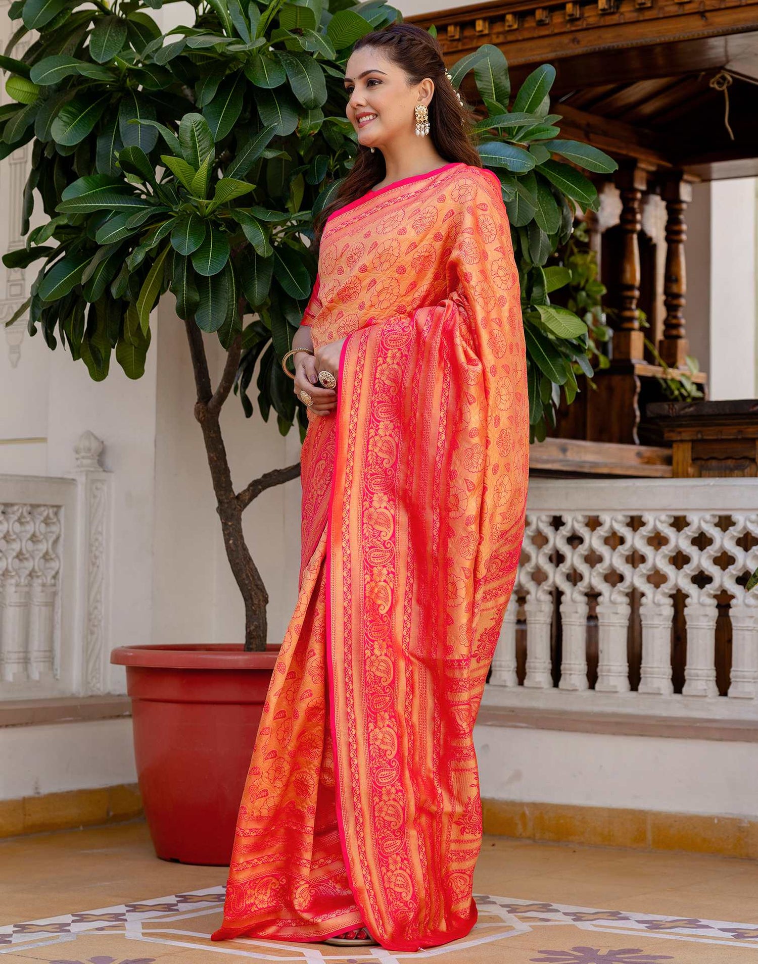 Bright Pink Silk Woven Banarasi Saree